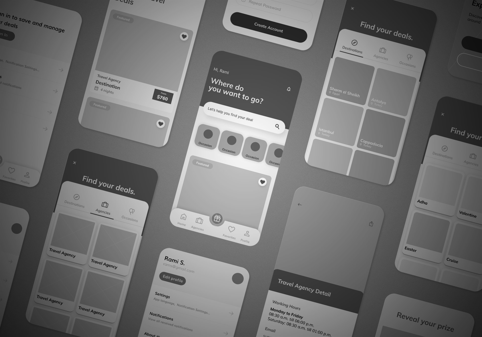 Travel App Design Wireframes